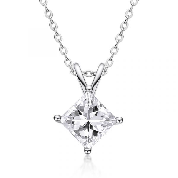 Sterling Silver Simple Four Prong Princess Cut Necklace