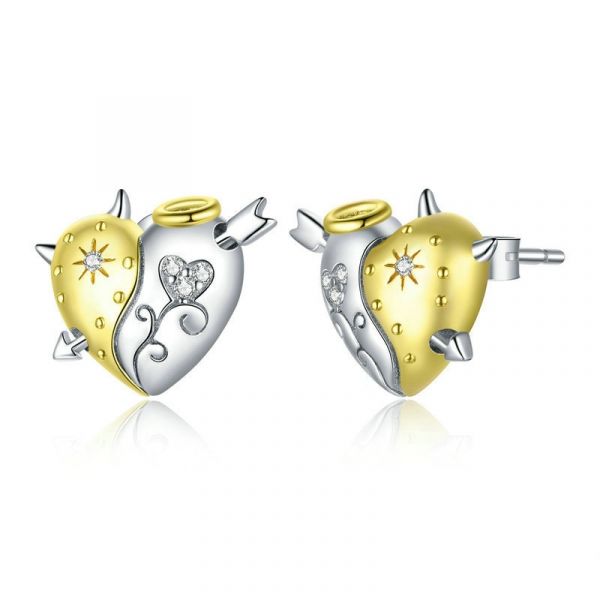 Sterling Silver Classic Heart Shape Design Two Tone Round Cut Stud Earrings