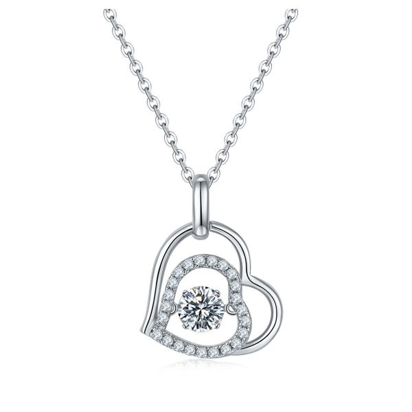 Sterling Silver Double Heart Shape Design Round Cut Necklace