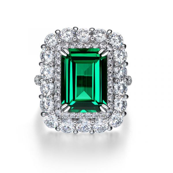 Sterling Silver Exquisite Double Halo Emerald With Round Cut Engagement Ring