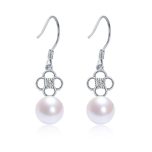Sterling Silver Elegant Flower Round Cut Cultured Pearl Drop Earrings