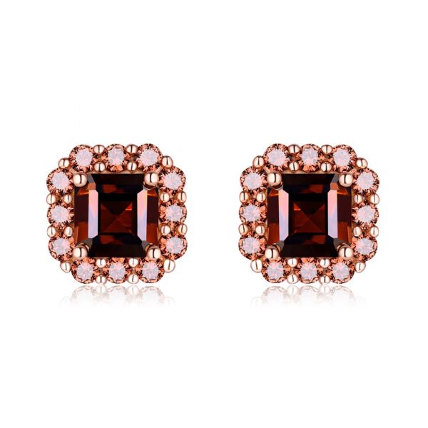 Sterling Silver Delicate Halo Asscher With Round Cut Chocolate Stud Earrings