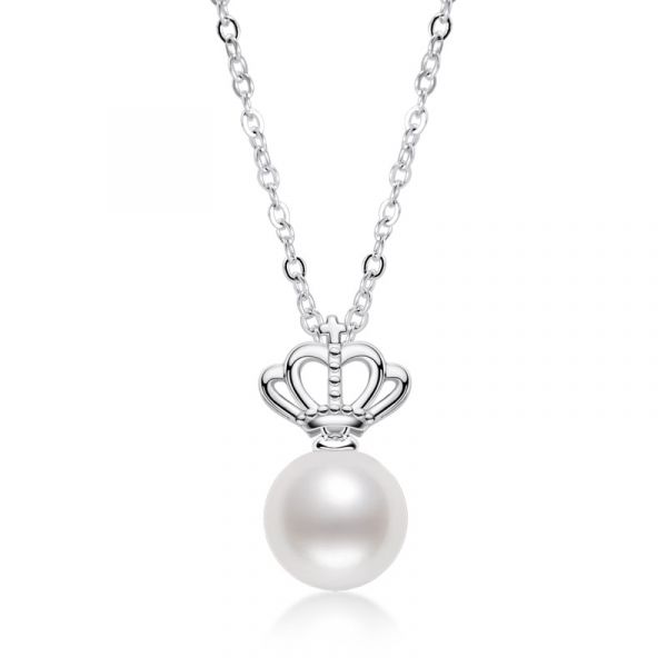 Sterling Silver Delicate Crown Design Pearl Necklace
