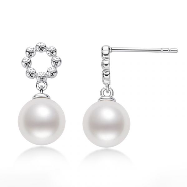 Sterling Silver Elegant Round Cut Pearl Drop Earrings