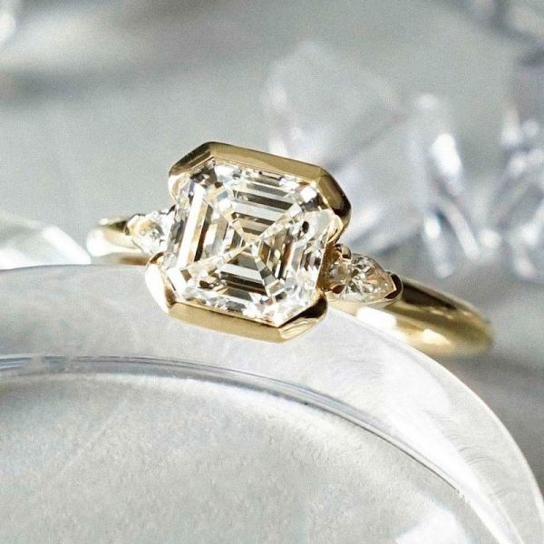 1.5 Carat Asscher Cut Clutch Three Stone Diamond Engagement Ring
