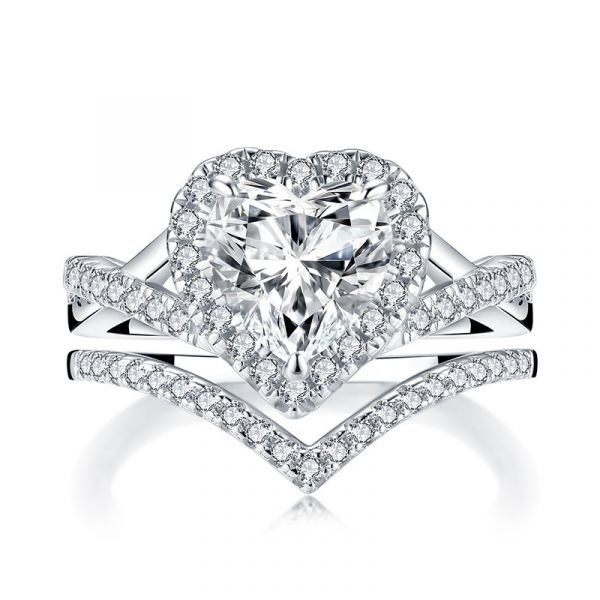 Sterling Silver Twisted Halo Heart Cut Women's Wedding Ring Set