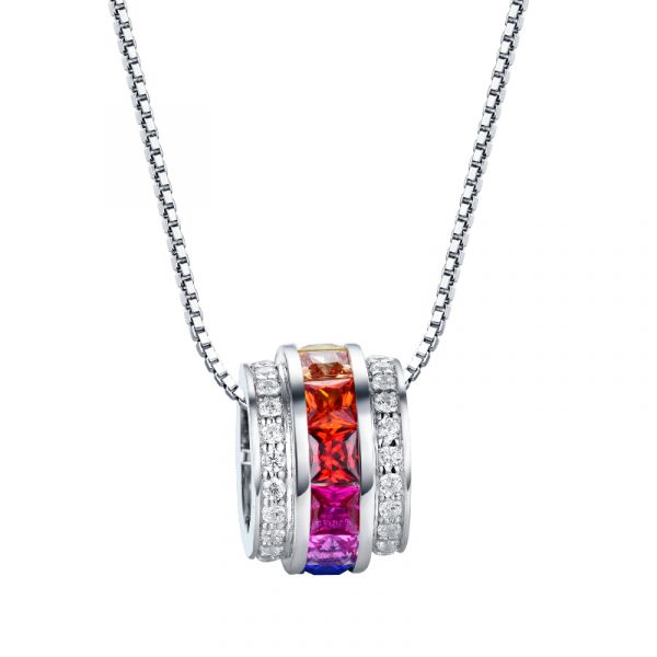 Sterling Silver Multi Color Triple Row Princess With Round Cut Necklace