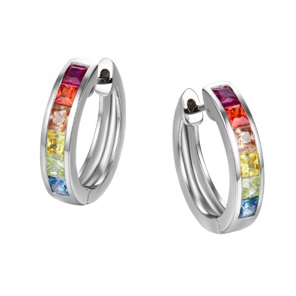 Sterling Silver Delicate Multi Color Princess Cut Hoop Earrings