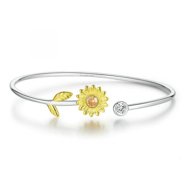 Sterling Silver Elegant Sunflower Inspired Round Cut Bangle Bracelet