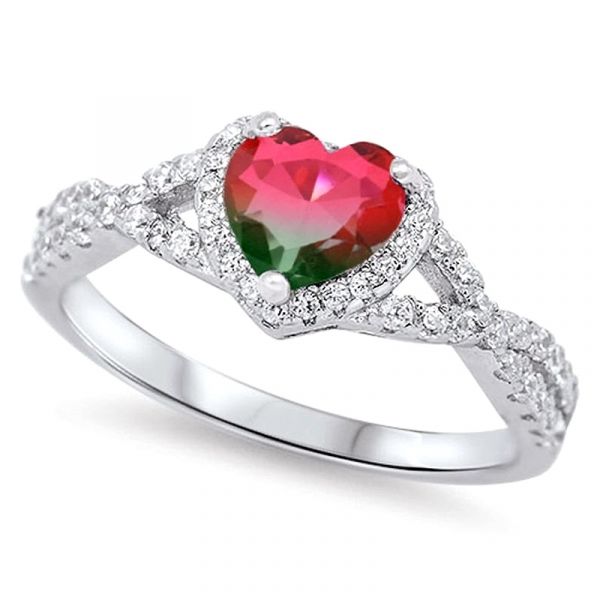 Sterling Silver Elegant Twist Halo Design Heart Cut Watermelon Engagement Ring