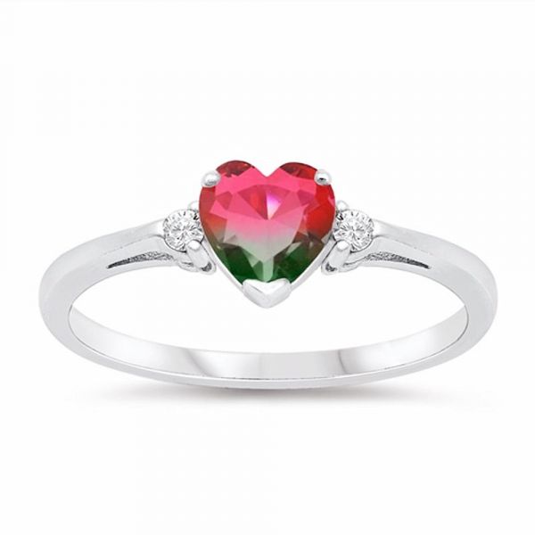 Sterling Silver Three Stone Heart With Round Cut Watermelon Engagement Ring