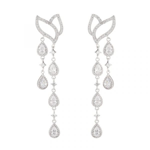 Sterling Silver Luxury Halo Pear With Round Cut Drop Earrings