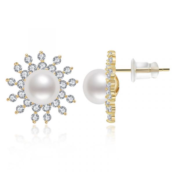Sterling Silver Floral Double Halo Round Cut Pearl Stud Earrings