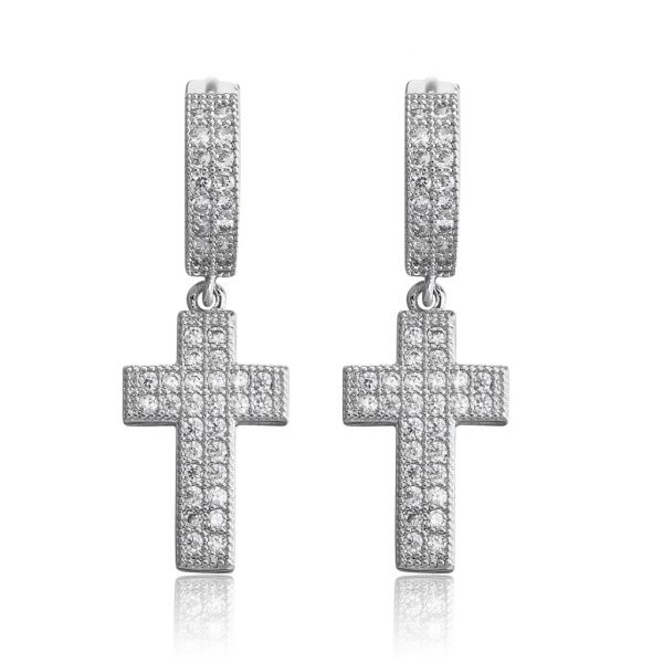 Sterling Silver Delicate Cross Inspired Round Cut Drop Earrings