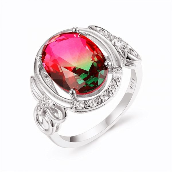 Sterling Silver Unique Halo Design Oval With Round Cut Watermelon Engagement Ring