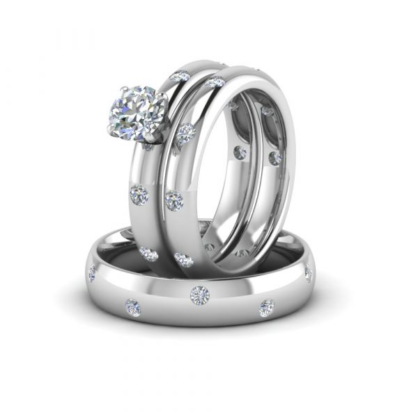 Sterling Silver Elegant Round Cut Trio Wedding Ring Set