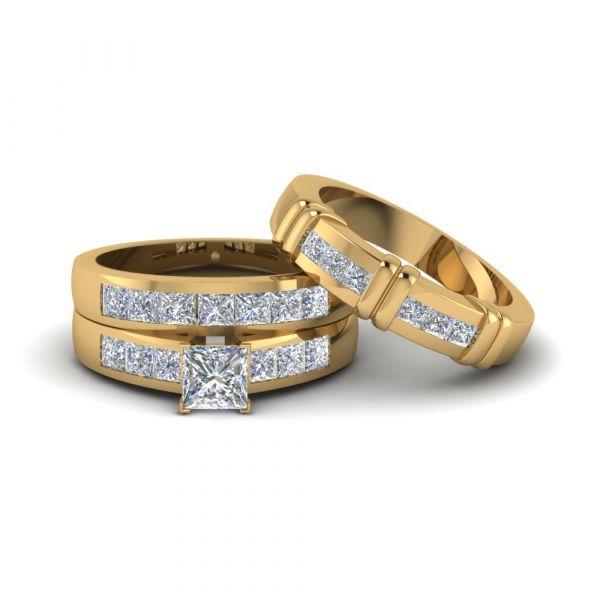 Sterling Silver Elegant Princess Cut Trio Wedding Ring Set