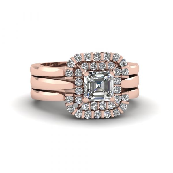 Sterling Silver Elegant Double Halo Design Asscher With Round Cut Trio Wedding Ring Set