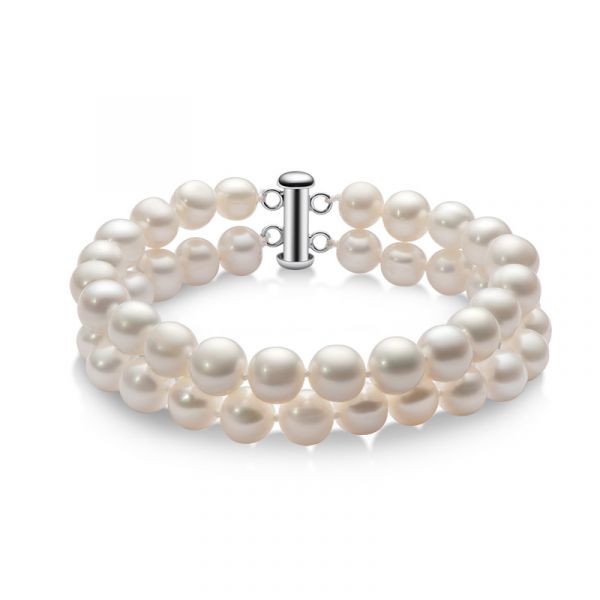 Sterling Silver Elegant Double Row White Pearl Bracelet