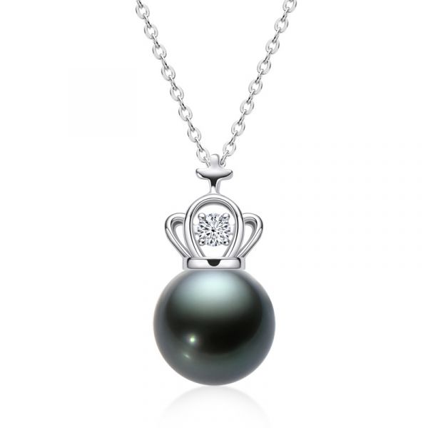 Sterling Silver Luxurious Crown Design Black Cultured Pearl Necklace