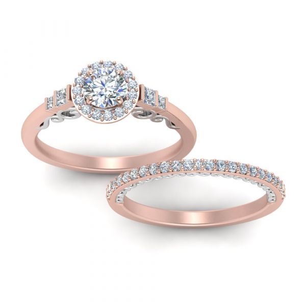 Sterling Silver Unique Halo Design Round Cut Wedding Ring Set