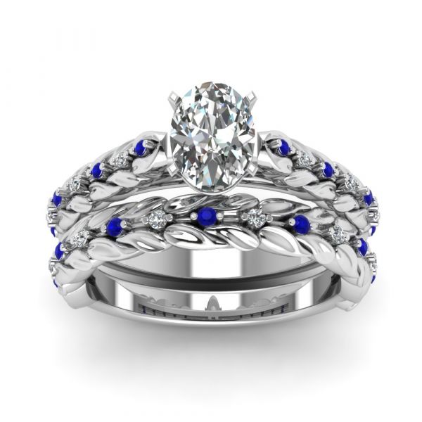 Sterling Silver Leaf Inspired Oval Cut Wedding Ring Set