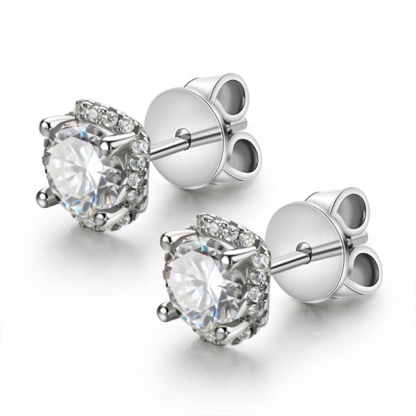 Sterling Silver Floral Halo Round Cut Stud Earrings