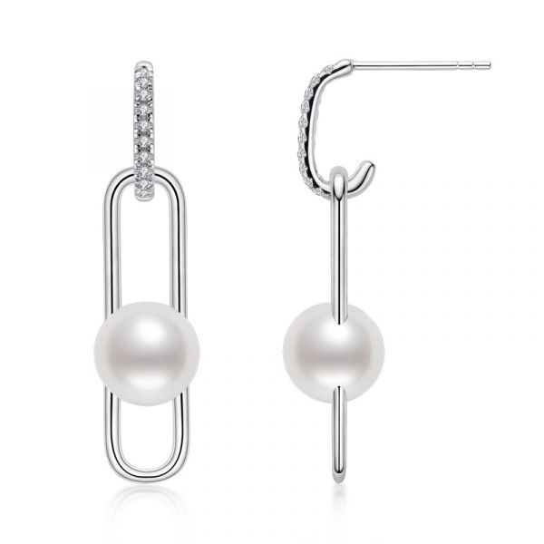 Sterling Silver Exquisite Paper Clip Inspired Round Cut Pearl Drop Earrings