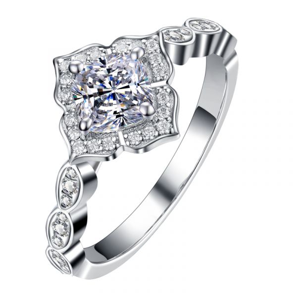 Sterling Silver Flower Inspired Halo Cushion Cut Engagement Ring