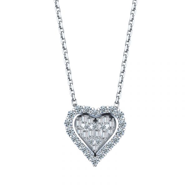 Sterling Silver Delicate Heart Shape Design Halo Round With Baguette Cut Necklace