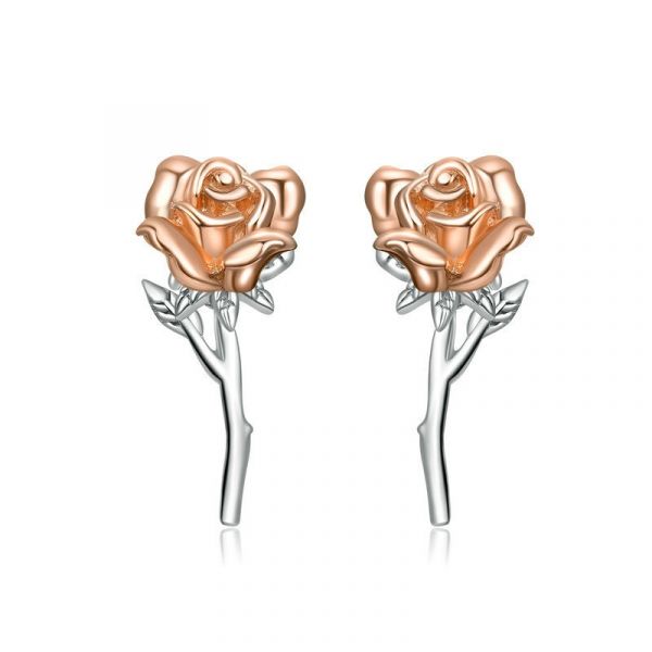 Sterling Silver Delicate Rose Inspired Two Tone Stud Earrings