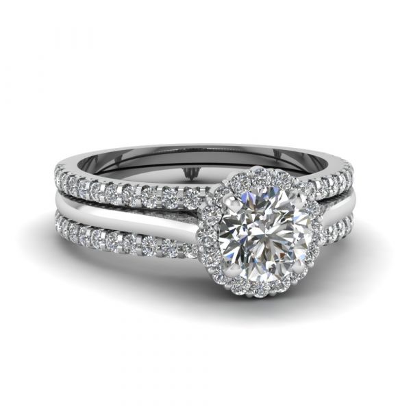 Sterling Silver Elegant Halo Design Round Cut Trio Wedding Ring Set