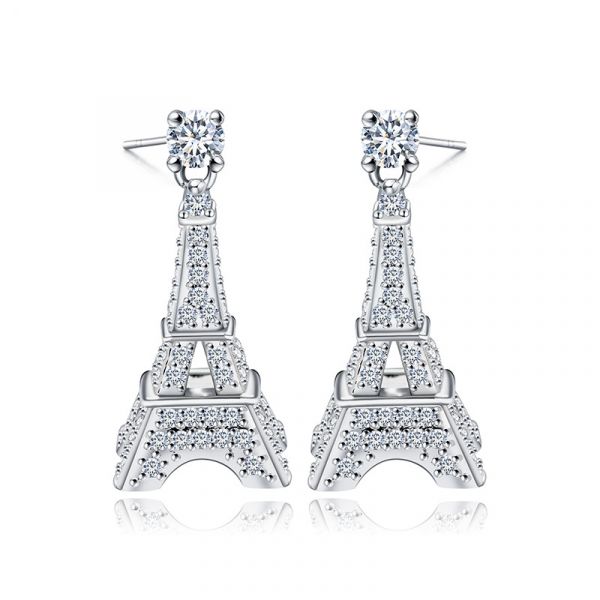 Sterling Silver Elegant Eiffel Tower Inspired Round Cut Drop Earrings