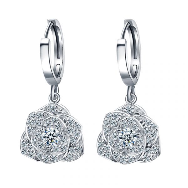 Sterling Silver Elegant Rose Design Round Cut Drop Earrings