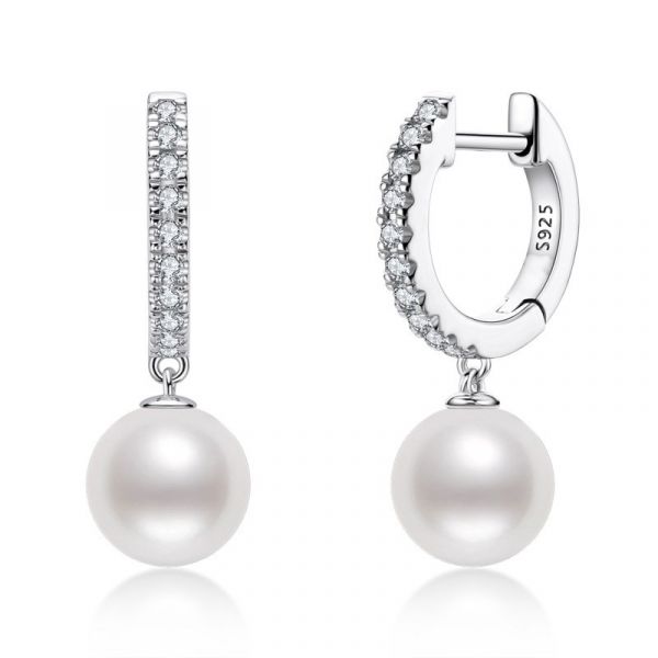 Sterling Silver Exquisite Round Cut Pearl Drop Earrings