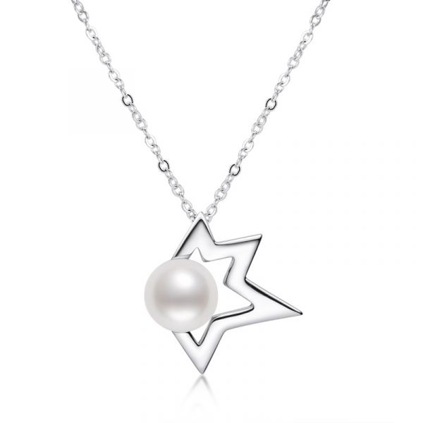 Sterling Silver Luxury Star Design White Pearl Necklace
