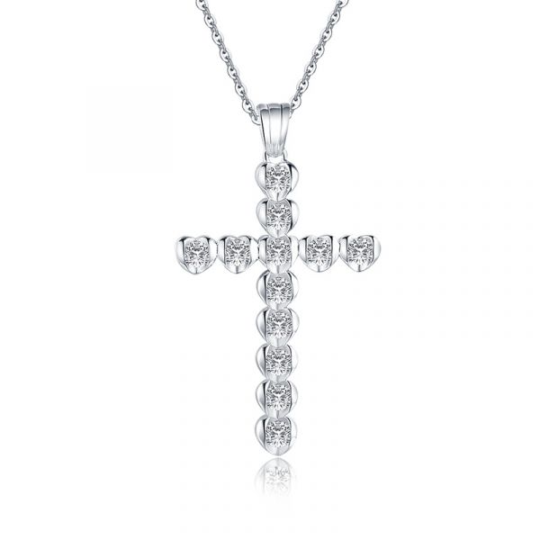 Sterling Silver Delicate Cross Heart Shape With Round Cut Necklace