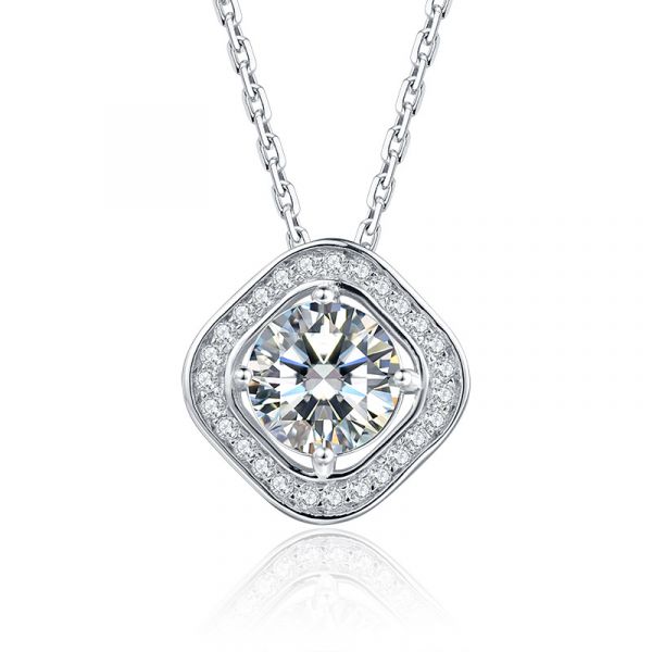 Sterling Silver Elegant Square Shape Design Halo Round Cut Necklace