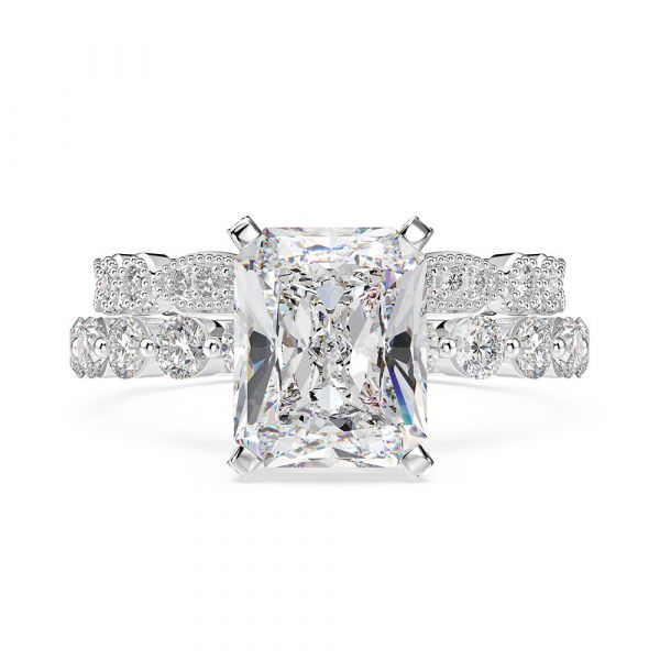 Sterling Silver Delicate Halo Design Radiant Cut Wedding Ring Set