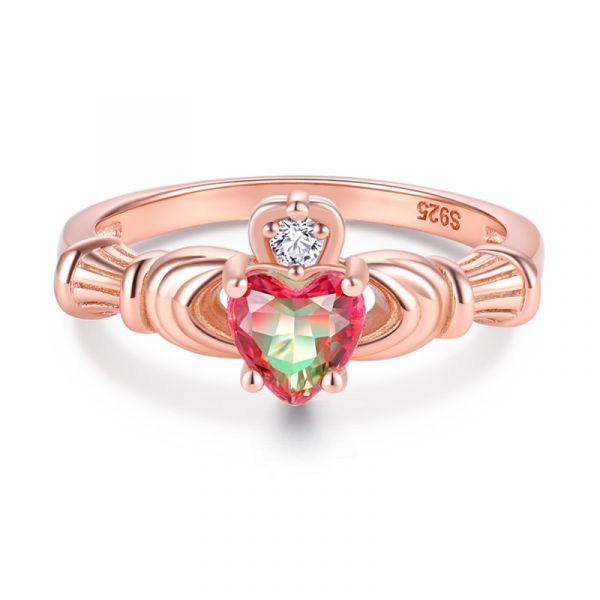 Sterling Silver Elegant Holding Hands Design Heart Cut Watermelon Engagement Ring