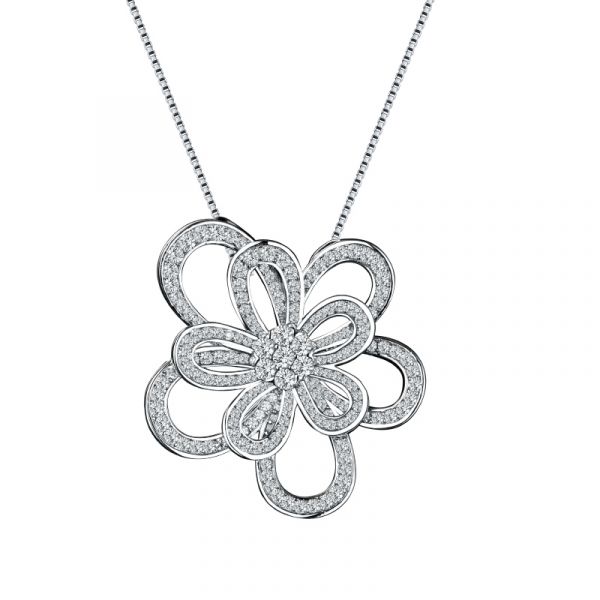 Sterling Silver Double Flower Design Round Cut Necklace