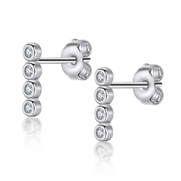 Sterling Silver Link Design Four Stone Round Cut Stud Earrings