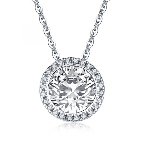 Sterling Silver Classic Halo Round Cut Necklace