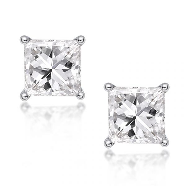 Sterling Silver Simple Princess Cut Stud Earrings