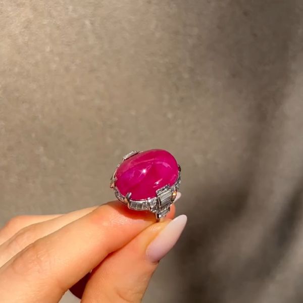 15.0 Carat Art Deco Ring In Platinum With Burmese Cabochon Ruby And Diamonds