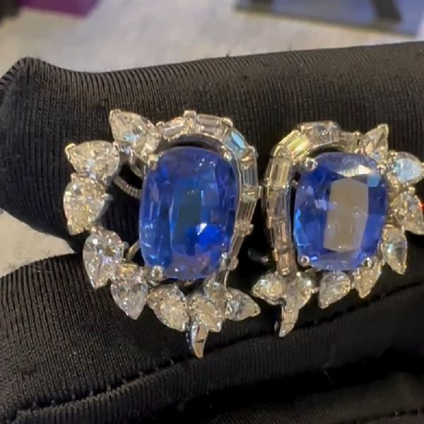 3.56 Carats Cushion Cut Brothers Sapphire and Diamond Earrings