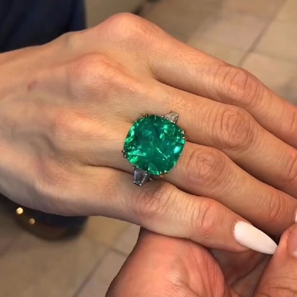 21.0 Carats Cushion Cut Emerald & Diamond Three-Stone Halo Ring