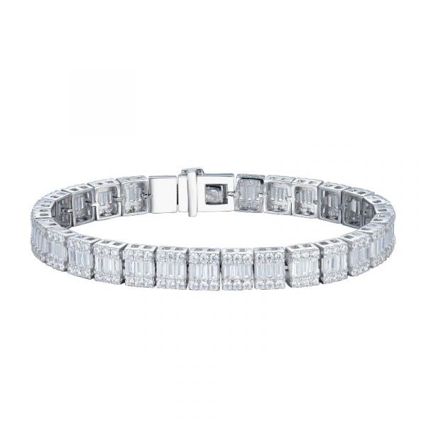 Sterling Silver Classic Baguette Cut Tennis Bracelet With Round Side Stones