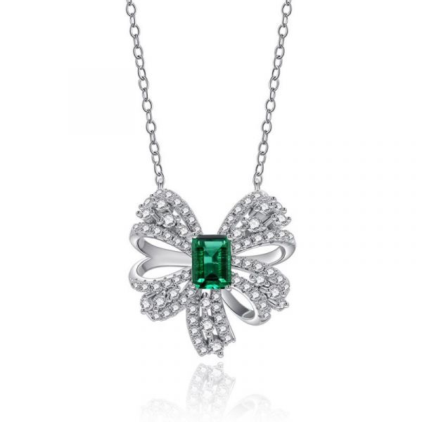 Sterling Silver Bowknot Design Halo Emerald With Round Cut Necklace