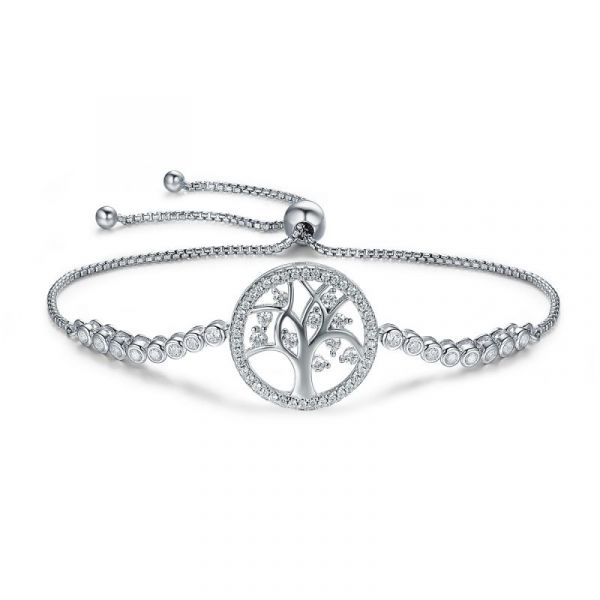Sterling Silver Classic Family Tree Design Halo Round Cut Bracelet